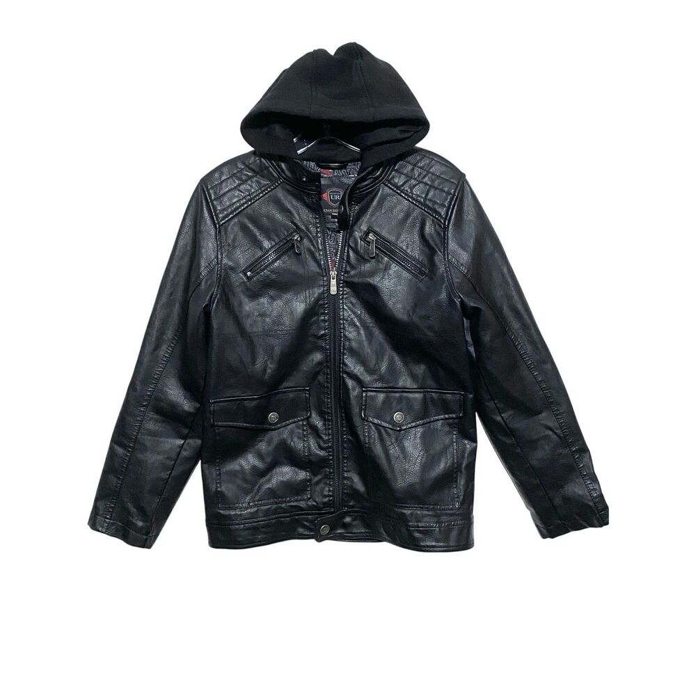 Urban Republic Black Zip Faux Leather Motorcycle Jacket Hood Kids Medium 10/12
